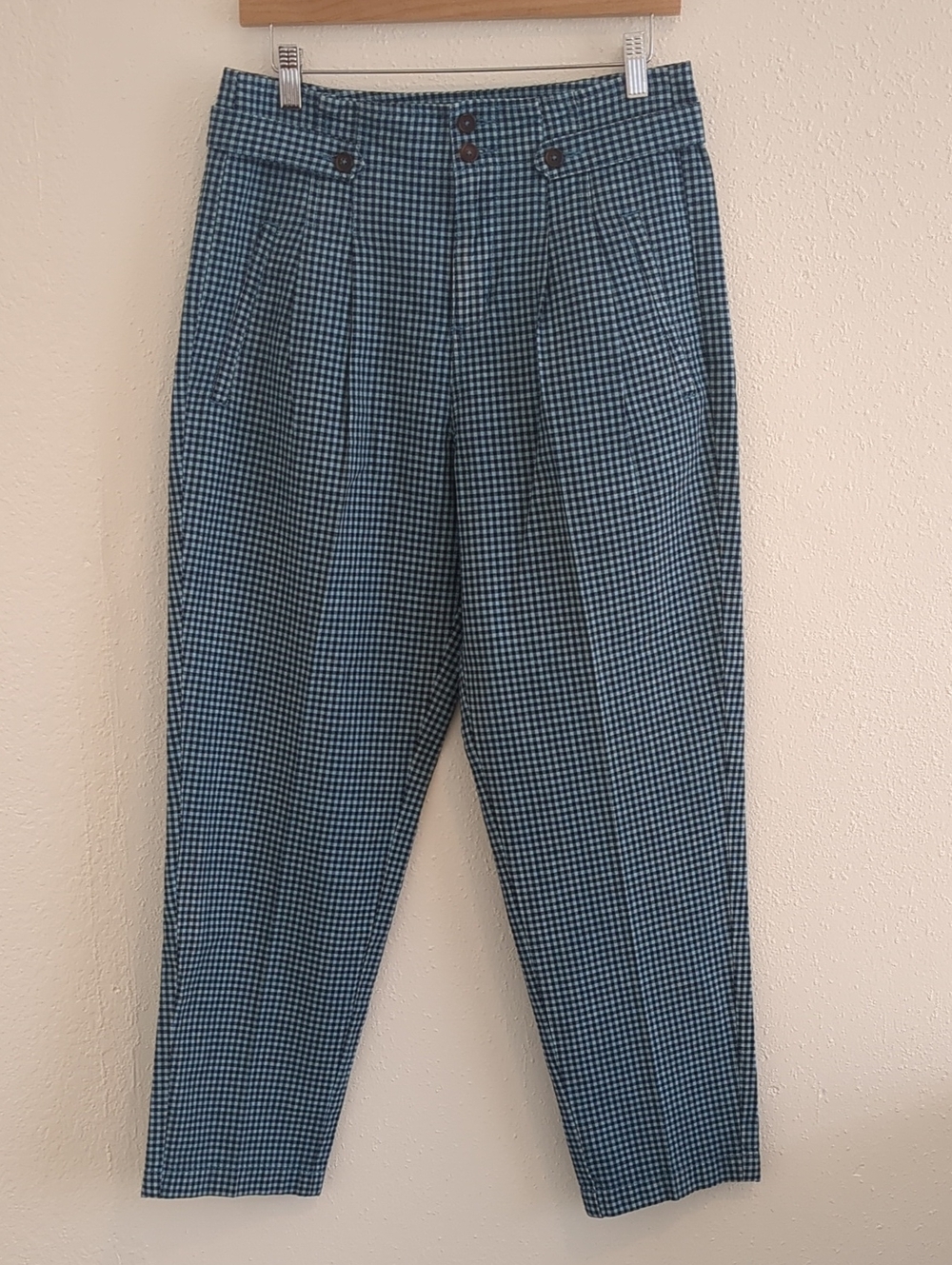Sundance Blue Gingham Pleated Chinos Cotton Linen Blend
